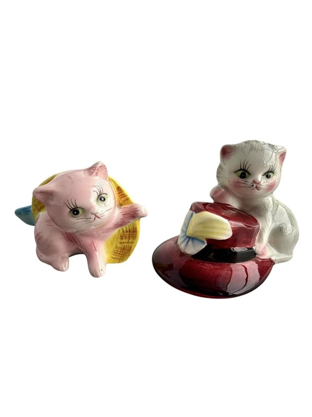 VTG PY Norcrest Cats With Hats Salt and Pepper Shakers Pink Gray Japan 1950s Set
